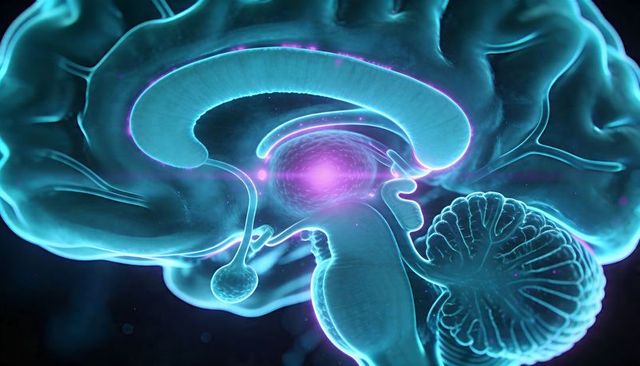 Glowing Sagittal Brain Rendering Highlighting Central Nucleus, Neural Pathways and Cerebellum