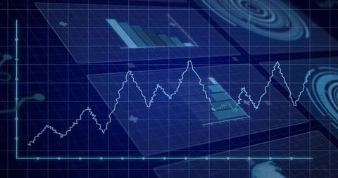 Neon teal line chart visualizing financial metrics and trends on futuristic grid dashboard