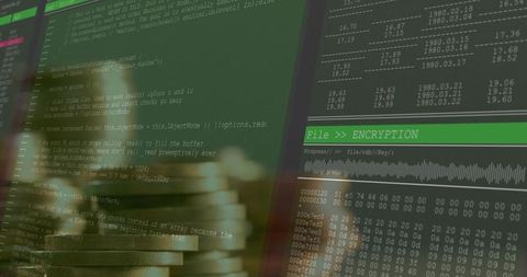 Cybersecurity concepts with software code and encryption visualization