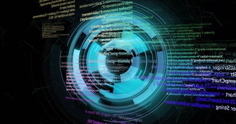 Rotating Neon HUD Display with Concentric Rings, Streaming Code and Network Wireframe