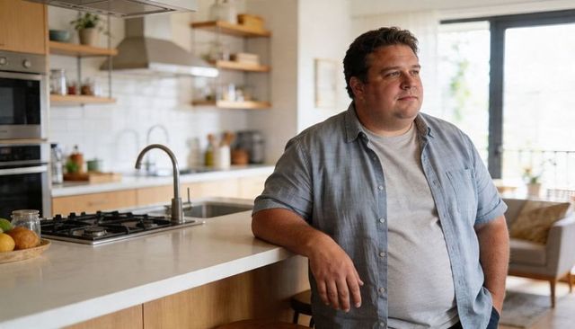 Thoughtful man leaning on kitchen island in modern open-plan home interior