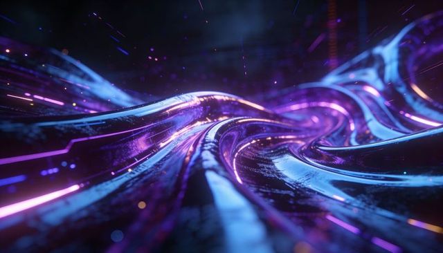 Luminescent neon ribbons flowing through futuristic liquid circuit 3d cyber wave