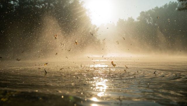 Misty sunrise over pond with swarming mayflies, golden ripples, sun glare, backlit droplets