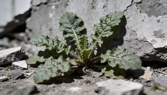 Resilient rosette plant emerging through cracked concrete in sunlit urban rubble