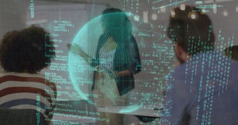 Futuristic Team Collaboration with Holographic Globe and Code