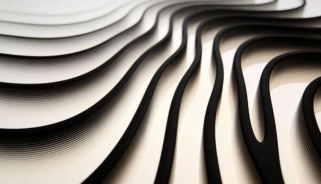 Monochrome layered ribbon waves macro abstract sculpture with thin edge lines and shadows