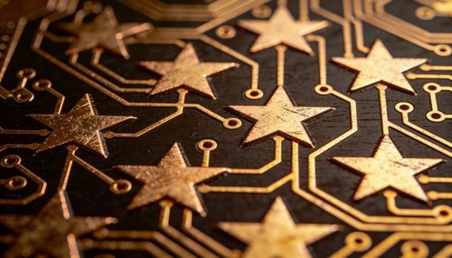 Glinting gold star circuit pattern with copper traces and metallic vias macro closeup