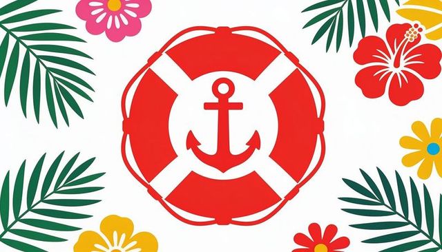 Red lifebuoy with anchor emblem surrounded by tropical palm fronds and vibrant flowers