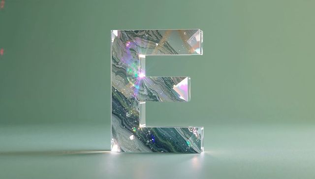 3d crystal letter e with swirling marble texture