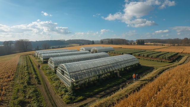 Workers Inspecting Greenhouse Tunnels in Rural Grain Fields