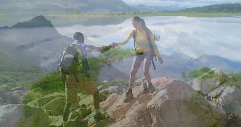 Adventurous Couple Hiking Scenic Mountain Landscape