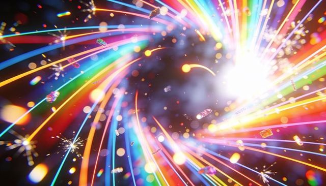 Swirling neon rainbow vortex with confetti, lens flare and sparkling particle trails