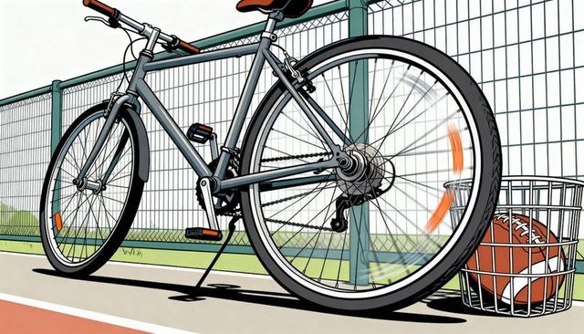 Leaning commuter bicycle with kickstand and wire basket holding football on urban track