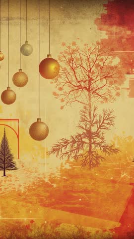 Vertical festive video: Swaying golden ornaments catching warm glow over textured tree backdrop