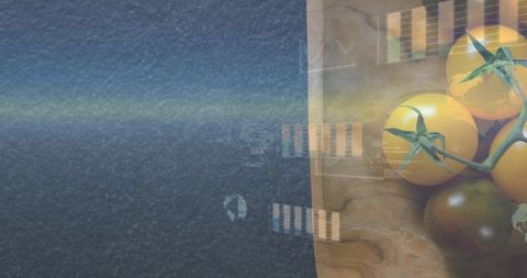 Displaying yellow cherry tomato cluster in wooden bowl with futuristic hud overlays and copy space