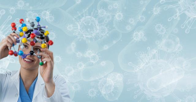 Digital composite of Doctor (woman)  with molecules with blue background
