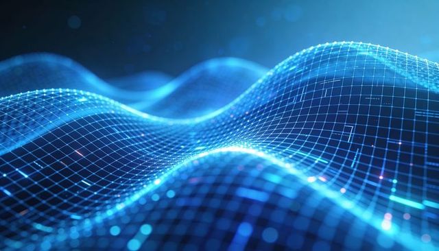 Futuristic Digital Waveform Mesh Flowing Neon Blue Grid with Glowing Data Nodes
