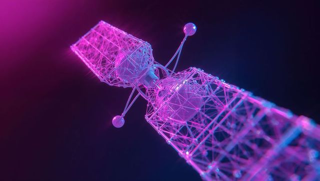Futuristic twin-tower wireframe in neon sphere space