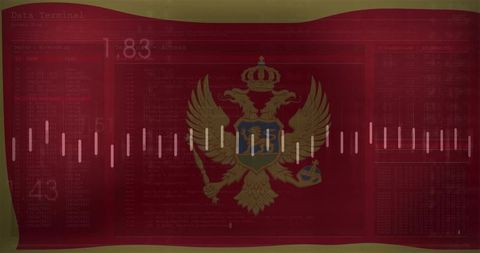 Montenegro flag featuring golden double-headed eagle crest and digital waveform overlay