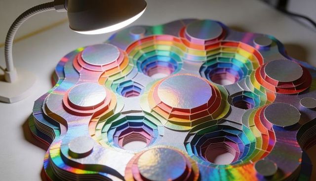 Holographic layered paper sculpture reflecting rainbow light with hexagonal concentric cuts