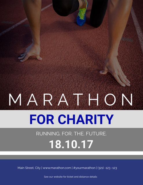 This poster features a runner at the start line on a track, emphasizing an upcoming charity marathon event. It includes essential details like the date, location, website, and contact number. An engaging promotional tool for generating interest and participation in the marathon. Ideal for social media, printing material, event websites, and community bulletin boards to attract volunteers, participants, and sponsors.