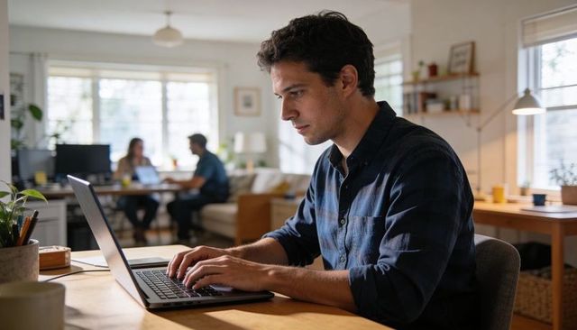 Focused remote worker typing on laptop in cozy home office while colleagues collaborate