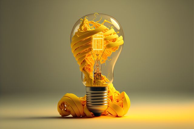 Light bulb wrapped in yellow pasta, glowing softly. Perfect for showcasing creativity, innovation or abstract concepts. Ideal for advertising, marketing campaigns, design inspirations, or illustrating surreal ideas.
