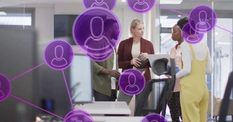Collaborating team discussing project in modern open office with purple network overlay