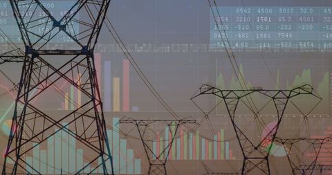 Financial Data Overlay on Electricity Pylons Landscape - Download Free Stock Images Pikwizard.com