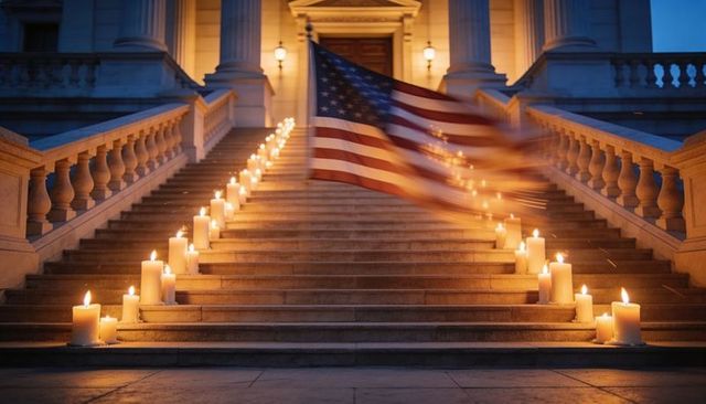 Waving american flag over candlelit monumental steps at dusk for memorial tribute and vigil
