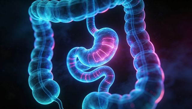 Glowing neon digestive tract illustrating stomach, small intestine and colon render