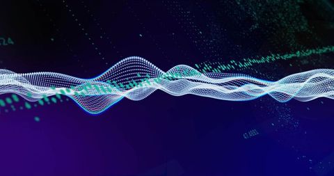 Neon data waveform visualizing digital signal flow with particle sine waves and peaks