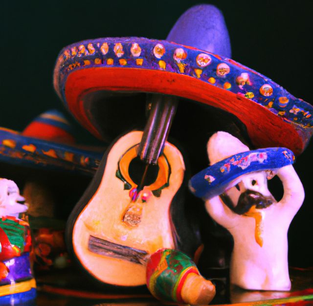 Mexican cultural figurines featuring colorful sombreros and miniature guitar, showcasing traditional attire. Vibrant colors and intricate details make this perfect for celebrating Mexican heritage. Ideal for use in articles, educational materials, or promotional content related to Mexican culture, holidays like Cinco de Mayo, or as decorative collector's items.