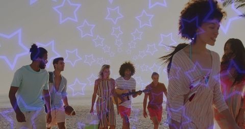 Diverse Friends Enjoying Beach Walk with Neon Stars Overlay