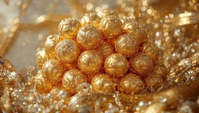 Glinting embossed gold baubles pile with filigree detail and sparkling bokeh lights