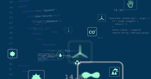 Floating Eco Icons Over Digital Code Art with Sustainability Theme