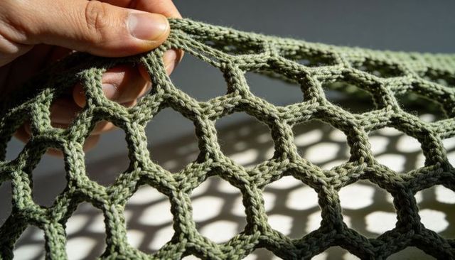 Hand holding crocheted honeycomb mesh casting hexagon shadows, yarn texture closeup