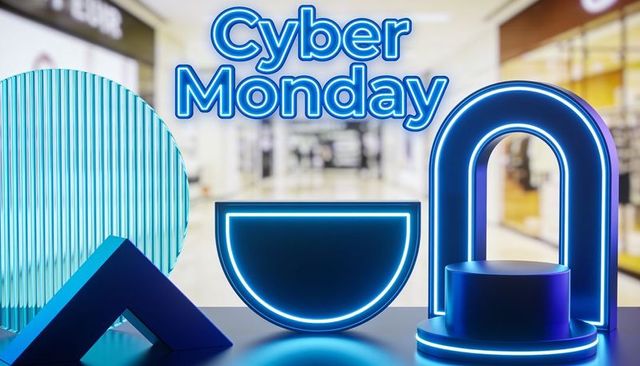 Cyber monday neon geometric display with futuristic blue led props and mall background