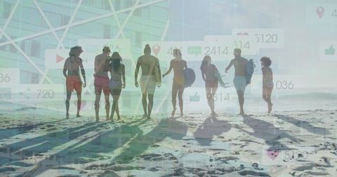 Vibrant Friends Walking on Beach with Surfboards and Social Media Icons