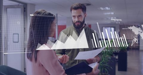 Colleagues discussing business data with digital interface overlay