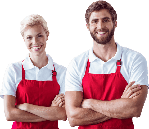 Transparent Smiling Coworkers in Red Aprons, Arms Crossed - Download Free Stock Videos Pikwizard.com