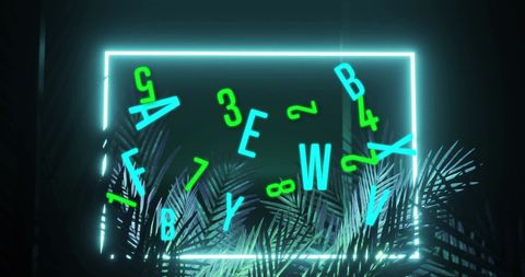 Futuristic neon palm leaves and falling letters