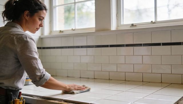 Woman wiping white subway tile countertop under windows during sunlit kitchen cleaning