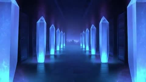 Exploring Futuristic Glowing Crystal Obelisks in Digital Corridor