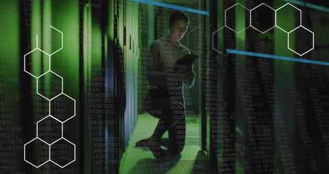 Female IT Engineer Analyzing Data in Server Room Environment