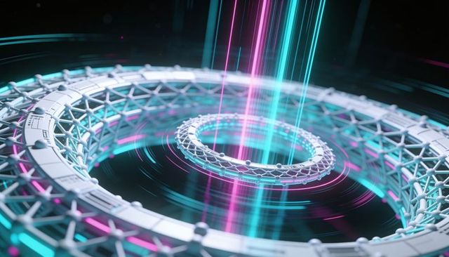 Rotating neon toroidal rings emitting cyan magenta energy beams in futuristic lattice
