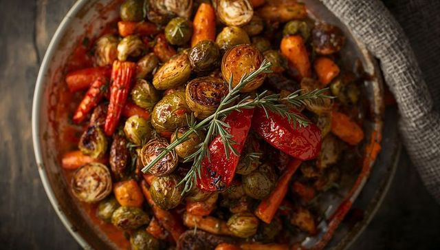 Roasting Brussels Sprouts with Carrots and Charred Red Peppers Garnished with Fresh Rosemary