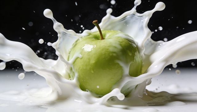 Green apple splashing into milk creating crown-shaped splash glossy studio food advertising