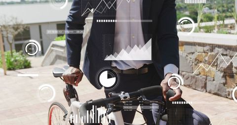 Businessman Using Bike with Futuristic Data Visualization