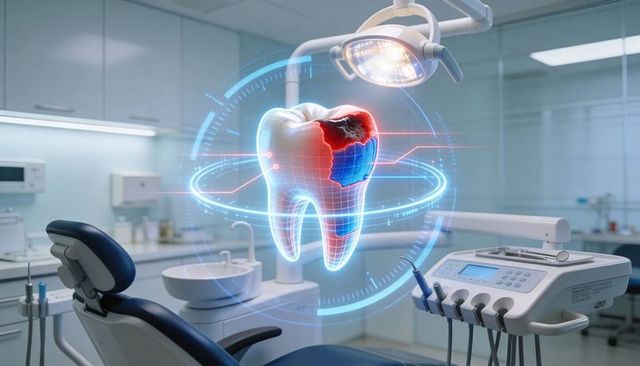 Holographic decayed molar visualization in modern dental clinic with digital diagnostics